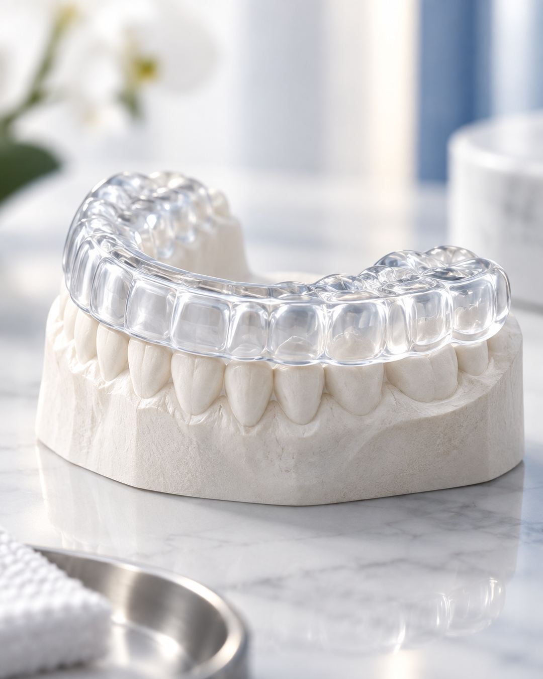 Placa transparente para bruxismo sobre um modelo de gesso dos dentes.