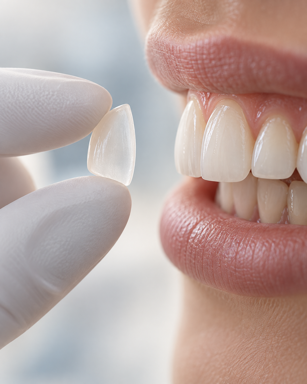 Mão de luva segurando uma lente de contato dental ao lado do sorriso.